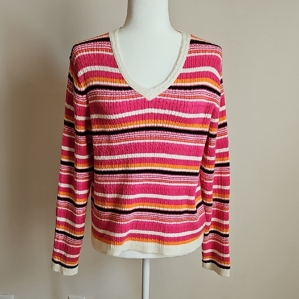 Lizgolf Cable Knit V Neck Sweater Striped Pink Golf Casual Colorful